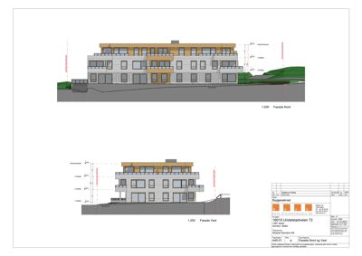 Fasadetegning som viser bygningens utseende fra nord og vest, inkludert høydeoppriss og detaljer.