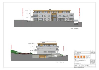 Tegning som viser fasadeoppsettet for bygningen sett fra øst og sør, inkludert høyder, materialer og geometriske grenser.