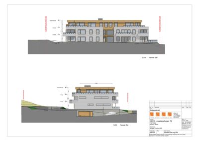 Fasadetegning som viser bygningens utseende sett fra sør og øst, inkludert høydeoppriss og grunnplan.