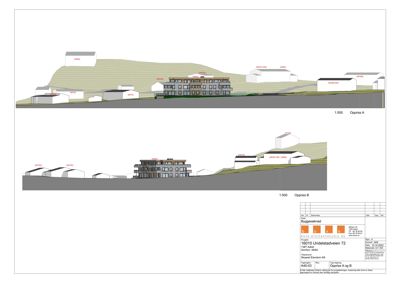 Snittegning (Oppriss A og B) som viser bygningens høydeprofil, takform og forhold til terrenget.