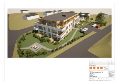 3D-visualisering (rendering) av et planlagt bygg med omgivelsene, inkludert parkering og beplantning.