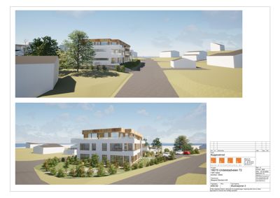 3D-visualiseringer (renderinger) av et boligprosjekt sett fra ulike vinkler, inkludert fasade og omgivelser.