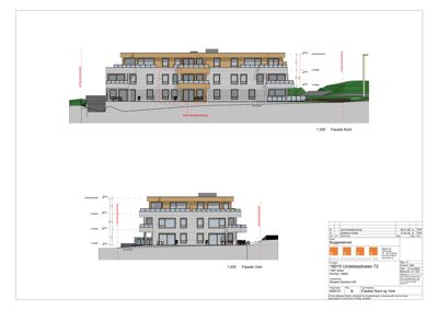 Fasadetegning som viser bygningens utseende fra nord og vest, inkludert detaljer om vinduer, balkonger og terrengforhold.