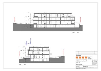Tegning som viser tverrsnitt (snitt) gjennom en bygning, med oppgitt snittlinjer A og B.