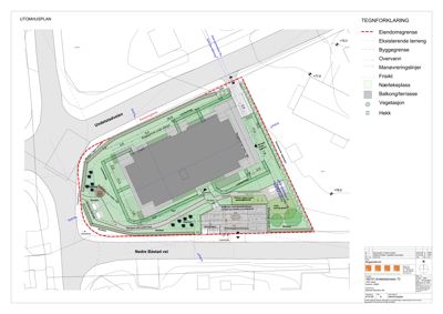 Situasjonsplan (tomteplan) som viser bygningens plassering på eiendommen, eiendomsgrenser, vegforhold, terreng og vegetasjon.