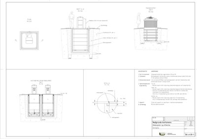 Tegning som viser detaljerte snitt og planer for nedgravede kontainere, inkludert dimensjoner, materialer og konstruksjonsdetaljer.