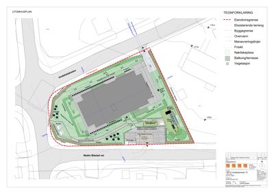 Situasjonsplan (tomteplan) som viser bygningens plassering i forhold til eiendomsgrenser, veier, eksisterende terreng og planlagte utvendige arealer.