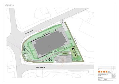 Situasjonsplan (tomteplan) som viser bygningens plassering i forhold til veier og omgivende areal.