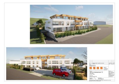 3D-visualisering (rendering) av et planlagt byggprosjekt, vist fra to ulike vinkler.