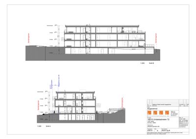 Snittegning (Snitt A og Snitt B) som viser bygningens tverrsnitt, høyder, etasjer og grunnforhold.