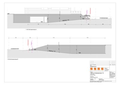 Snittegning som viser tverrsnittet av kjellerramper (A og B) med oppgitt høyder, stigninger og nivåer.