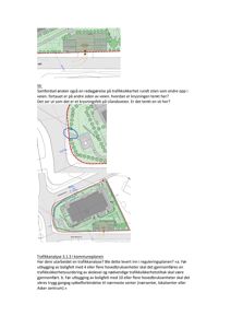 Bildet viser en situasjonsplan (tomteplan) med bygningsplassering, vegforløp og grøntområder. Det er også inkludert tekst om trafikkanalyse.
