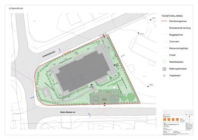 Situasjonsplan (utomhusplan) som viser bygningens plassering på tomten, eiendomsgrenser, eksisterende terreng, vegetasjon og tilknyttede veier.