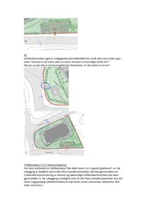 Bildet viser en situasjonsplan (tomteplan) med flere etasjer eller alternativer for anleggsområdet, inkludert vegforløp, beplantning og bygninger. Det er også tilhørende tekst om trafikkanalyse.