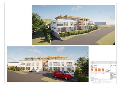 3D-visualisering (rendering) av et planlagt bygg sett fra utsiden, med bil og omgivelser.