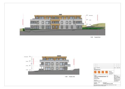 Fasadetegninger for bygning i Undelstadveien 72, viser fasade nord og vest med mål og høyder.