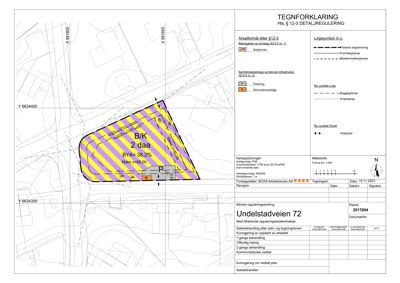 Situasjonsplan som viser tomtens form, areal (B/K 2 daa), byggegrenser og nabolag.