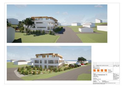 3D-visualisering (rendering) av et planlagt boligprosjekt sett fra to ulike vinkler.