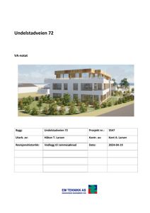 3D-visualisering (rendering) av et planlagt bygg ved Undelstadveien 72, vist på forsiden av et VA-notat.