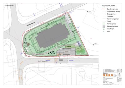 Situasjonsplan (UTOMHUSPLAN) som viser bygningens plassering i forhold til eiendomsgrenser, veier, terreng og vegetasjon.