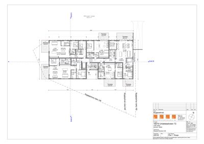 Etasjeplan (Plan 1. Etasje) som viser romfordeling, dimensjoner og plassering av terrasser for en bygning på Undelstadveien 72.