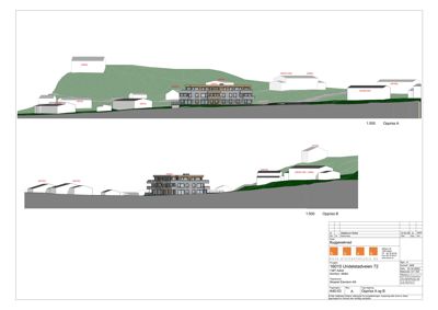 Bildet viser to oppriss (A og B) av en bygning sett fra utsiden, inkludert fasade og omgivende terreng.