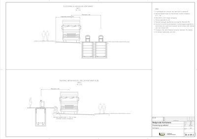 Tegning som viser snitt og plassering av nedgravde konteinere i forhold til lastebil, inkludert kravspesifikasjoner.