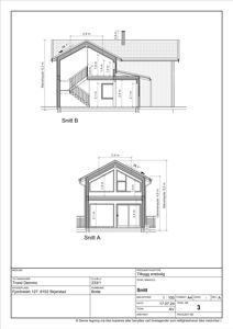 Tegning som viser tverrsnitt (Snitt A og Snitt B) av en enebolig med mål og konstruksjonsdetaljer.