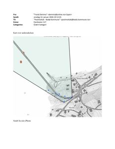 Et kart over et område med topografi (konturlinjer), veier og bygninger, inkludert en markert del av området.