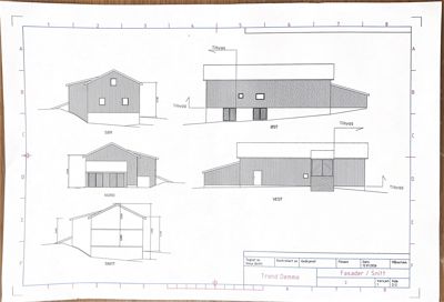 Fasadetegning med oppriss av bygning sett fra fire sider (SØR, ØST, VEST, NORD) og et snitt.