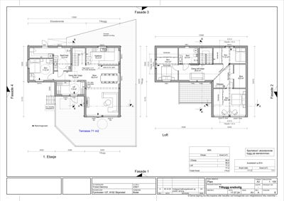 Etasjeplaner for en bygning som viser romfordeling, mål og areal for 1. etasje og loft.