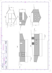 Fasadetegning som viser bygningens utseende fra fire sider (SØR, NØR, VEST, ØST) med mål og detaljer.