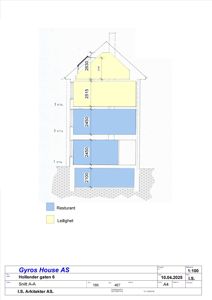 Snittegning (Snitt A-A) som viser bygningens oppriss med etasjer, høyder og funksjonsfordeling (Resturant/Leilighet).