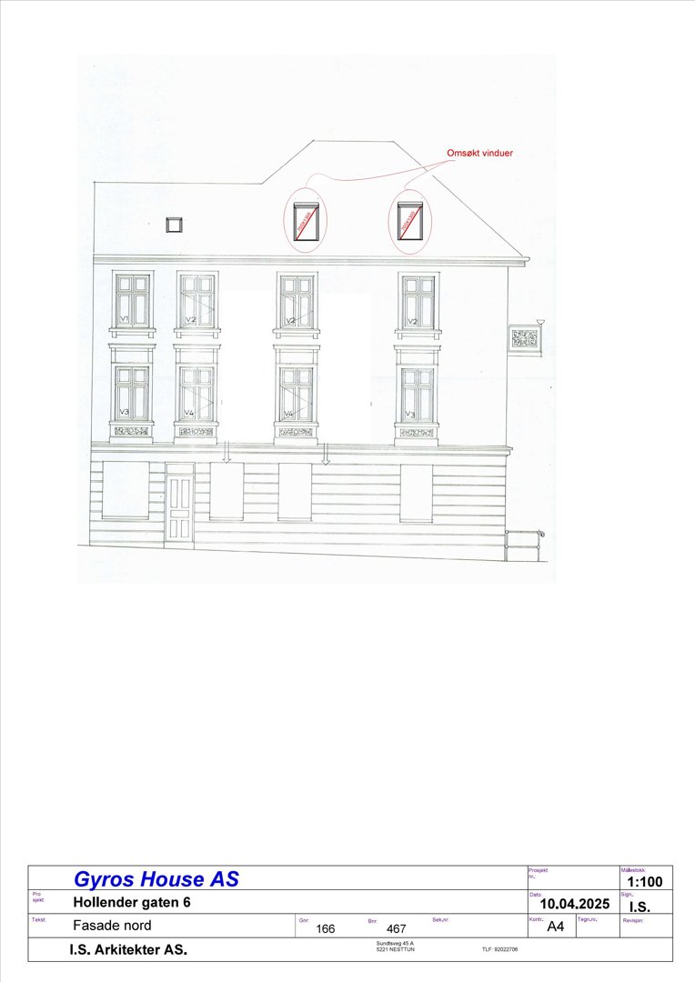 Fasadetegning av et hus med merking om åsenge vinduer i taket.