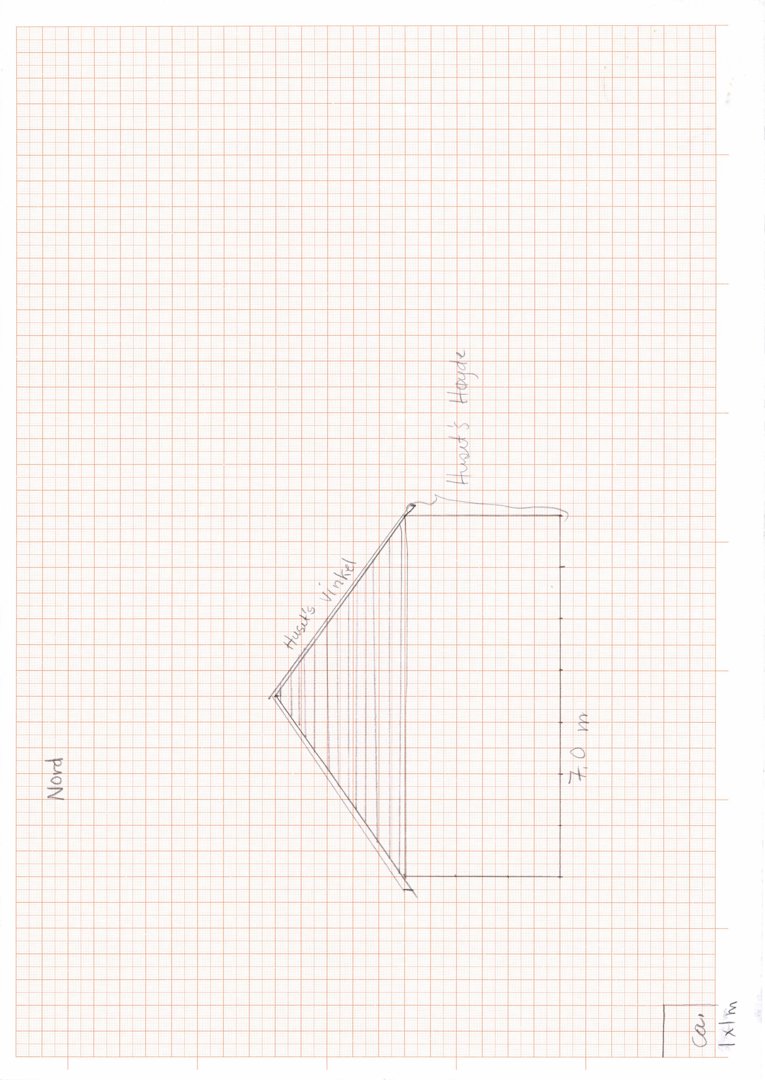 En håndtegnet fasadeopprikk (sideutsnitt) av en bygning, med angitte mål og retning (Nord).