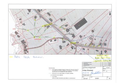 Situasjonsplan som viser tomt, eiendommer, veier og vannledningsnett.