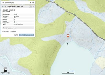 Kartvisning fra Kartverket som viser topografi, vann og eiendomsplassering for Heimste Holen 38.