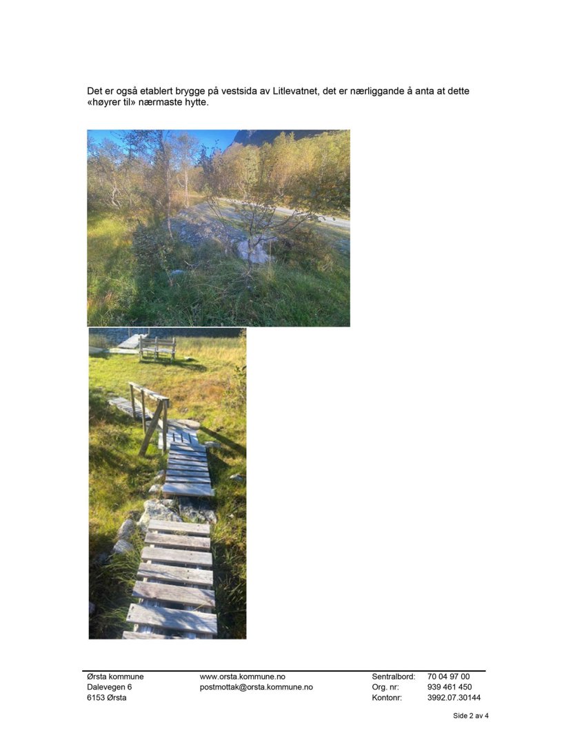 Fotografier av en eksisterende brygge og tilhørende sti ved Litlevatnet i Ørsta kommune.