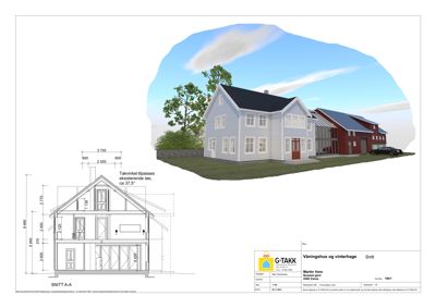 Tegning som viser et tverrsnitt (snitt) gjennom et hus, med mål på høyder og romfordeling.
