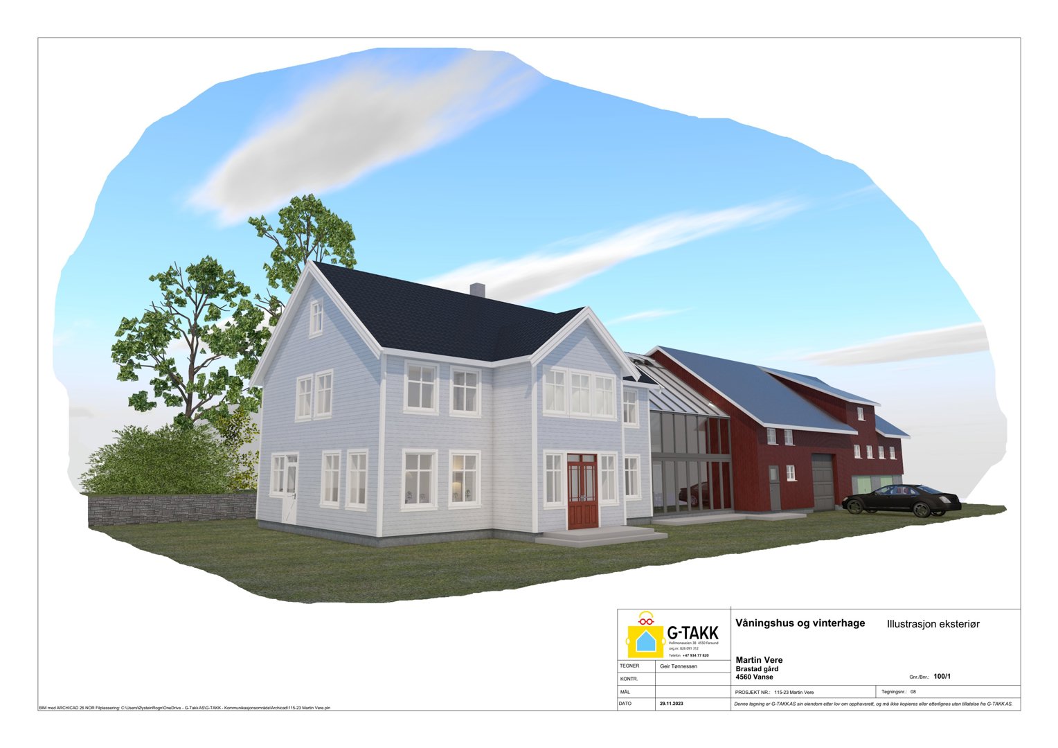 3D-visualisering (rendering) av et hus med en moderne tilbygg, inkludert omgivelser som trær, hekk og bil.