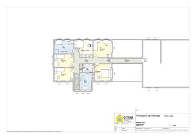Etasjeplan (2. etg) for en villa med romfordeling, bad og gangarealer.