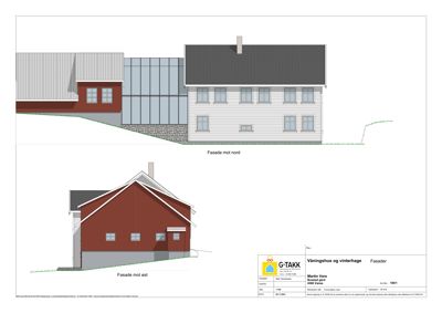 Fasadetegning som viser bygningens utsyn mot nord og øst, inkludert takform, vinduer og materialvalg.
