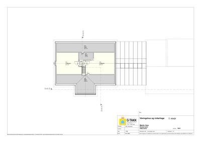 Etasjeplan for 3. etasje av en våningshus og vinterhage, som viser romfordeling (stue, soverom, bad) og trapp.