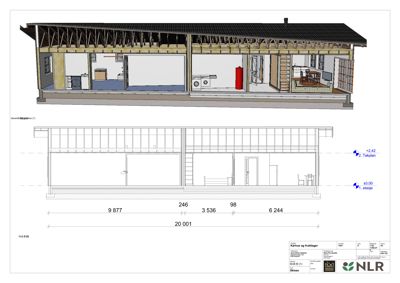 Bildet viser en snittegning (Snitt B-B) av en bygning, inkludert etasjeplaner og fasadeopprikk.