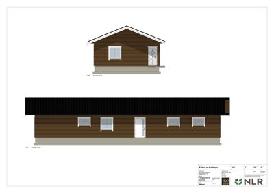 Fasadetegning som viser oppriss av et hus sett fra to sider (Nord og Vest).