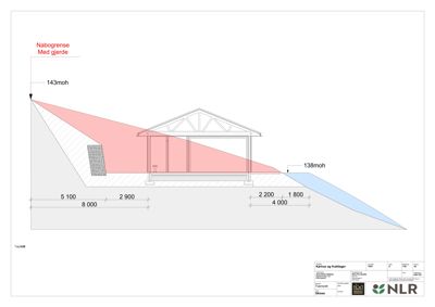 Snittegning som viser bygningens tverrsnitt, høydemål (moh), nabogrense og grunnforhold.