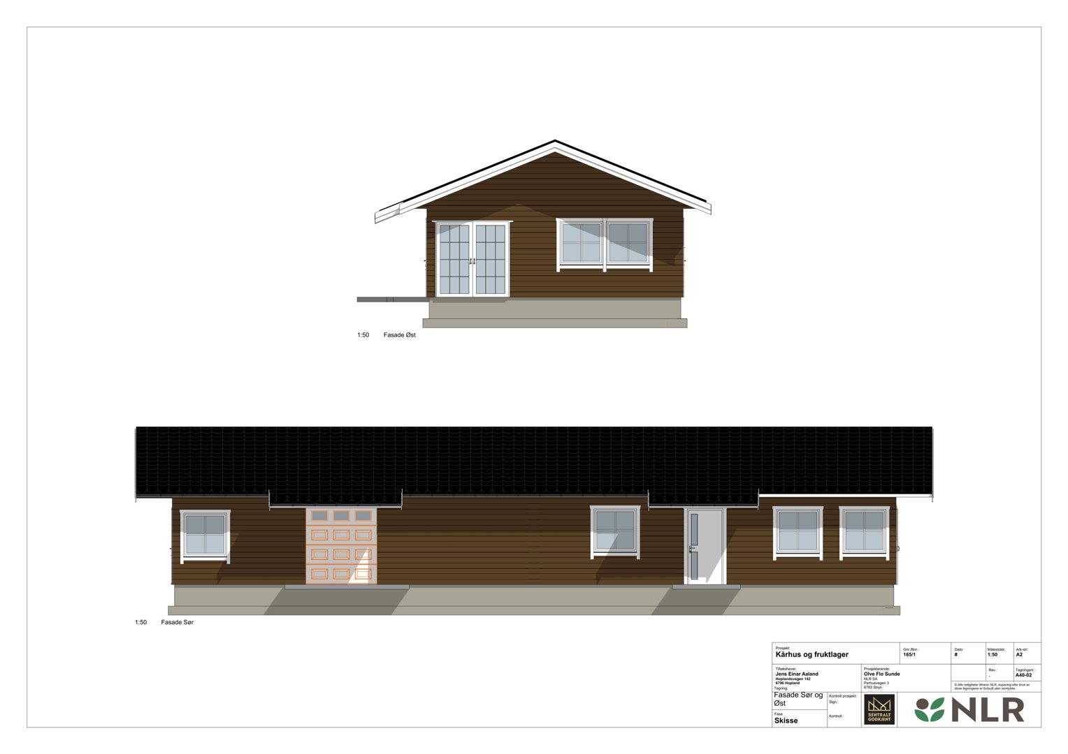 Fasadetegning som viser front- og sideopprikk av en bolig med vinduer, dører og takform.