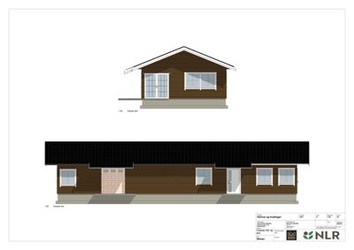 Fasadetegning som viser front- og sideopprikk av en bolig med vinduer, dører og takform.