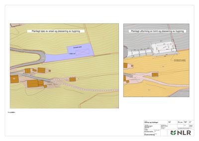 Situasjonsplaner som viser planlagt kjøp av areal og plassering av bygning, samt planlagt utforming av tomt og plassering av bygning.