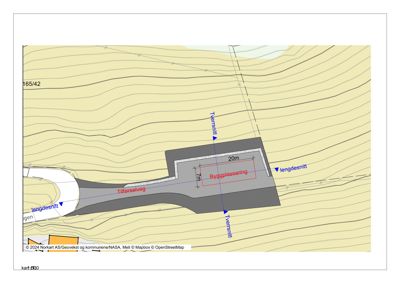 Situasjonsplan som viser tomtens terrengform (konturlinjer), plassering av bygning, tilkomstvei og angitte snittlinjer.